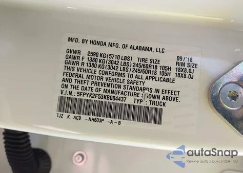 2019 Honda Ridgeline Rtl z USA, uszkodzony, nr VIN 5FPYK2F53KB004437